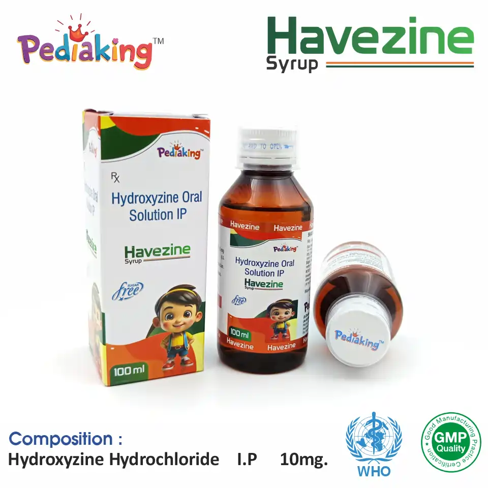 Hydroxyzine (10mg) Suspension at the best price in PCD Pharma Franchise for Antihistamine and Allergy and Anxiety Relief.